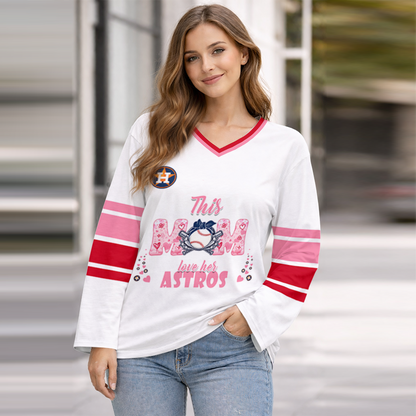 FINAL SALE - NEW CUSTOMIZED MLB10 HAS HOUSTON ASTROS WOMEN'S HEART V-NECK LONG SLEEVE SHIRT