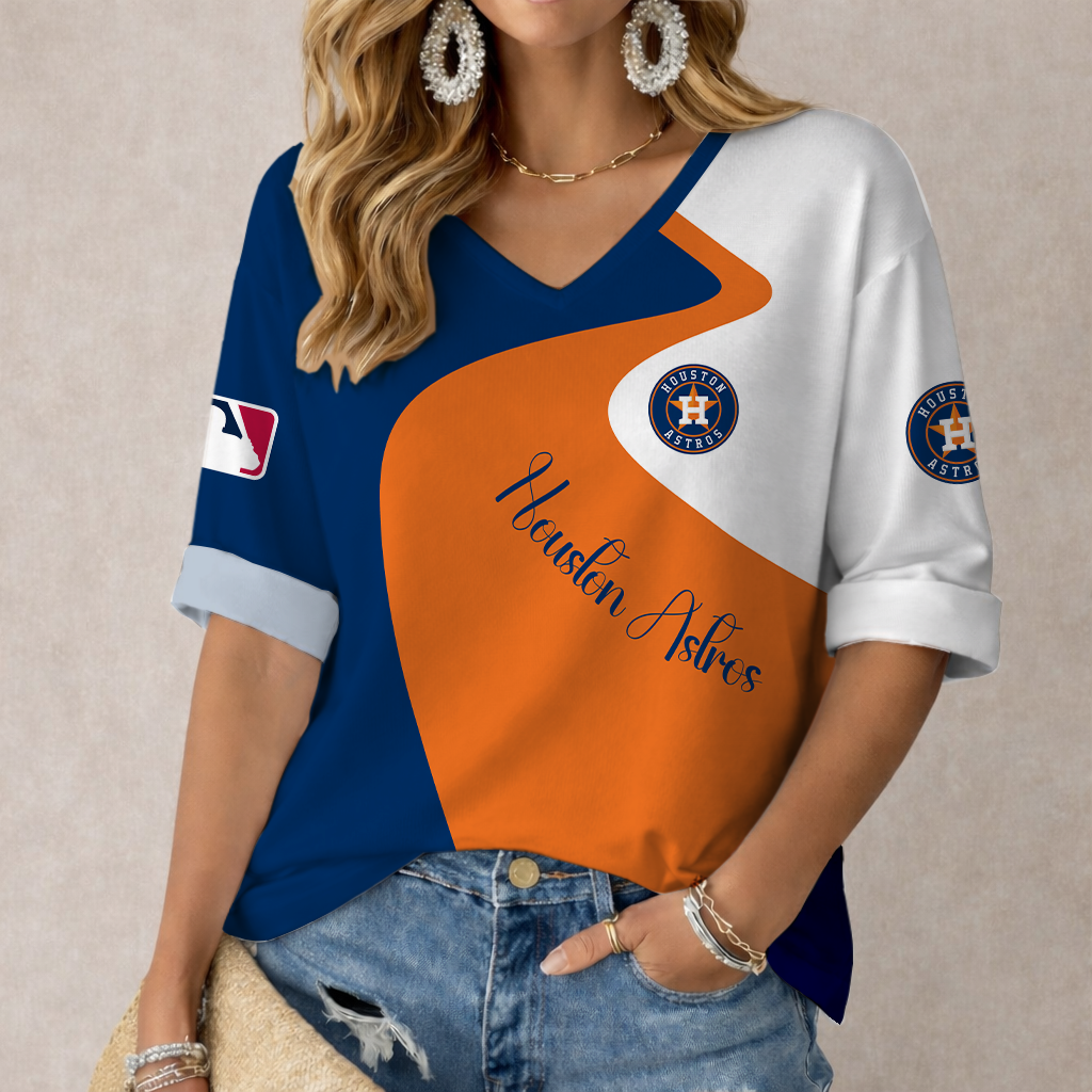 FINAL SALE - NEW CUSTOMIZED MLB10 HAS HOUSTON ASTROS WOMEN'S  V-NECK LONG SLEEVE SHIRT
