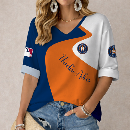 FINAL SALE - NEW CUSTOMIZED MLB10 HAS HOUSTON ASTROS WOMEN'S  V-NECK LONG SLEEVE SHIRT