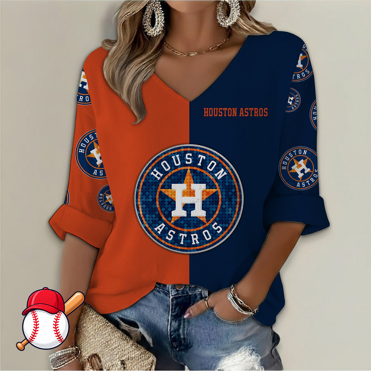 FINAL SALE - NEW CUSTOMIZED MLB10 HAS HOUSTON ASTROS WOMEN'S  V-NECK LONG SLEEVE SHIRT