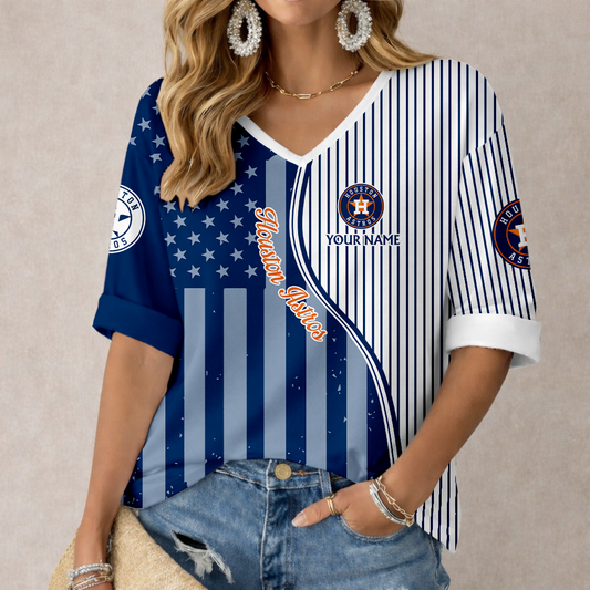 LIMITED EDITION - NEW CUSTOMIZED MLB10 HAS HOUSTON ASTROS WOMEN'S HEART V-NECK LONG SLEEVE SHIRT