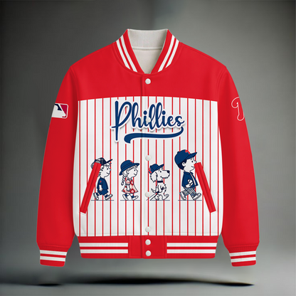 HOT DEAL - NEW CUSTOMIZED MLB11 PPS PHILADELPHIA PHILLIES SNOOPY STYLE SATIN VARSITY & BASEBALL JACKET