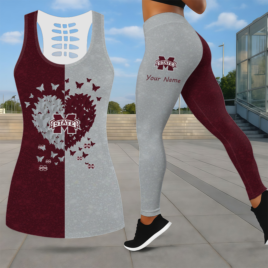 SPECIAL EDITION - NEW CUSTOMIZED NCAA CWS11 MSB MISSISSIPPI STATE BULLDOGS LEGGINGS & HOLLOW TANK TOP SET