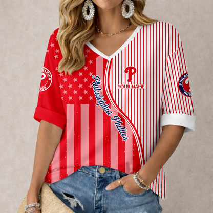 ELITE EDITION - NEW CUSTOMIZED MLB11 PPS PHILADELPHIA PHILLIES  WOMEN'S HEART V-NECK LONG SLEEVE SHIRT