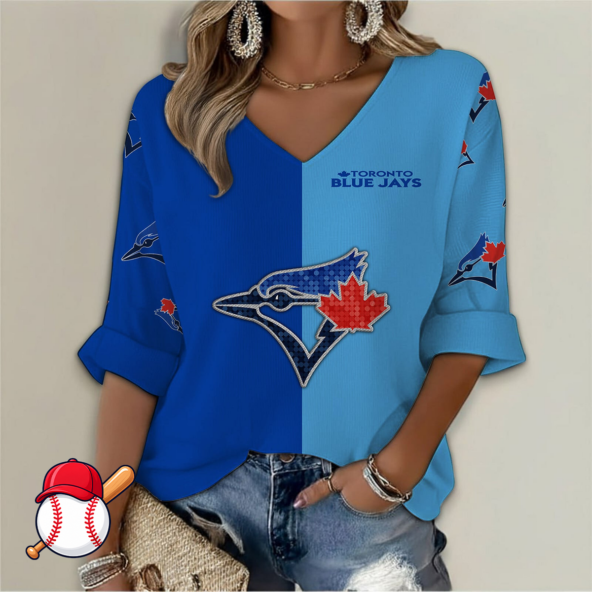 FINAL SALE - NEW CUSTOMIZED MLB12 TBJ TORONTO BLUE JAYS WOMEN'S  V-NECK LONG SLEEVE SHIRT