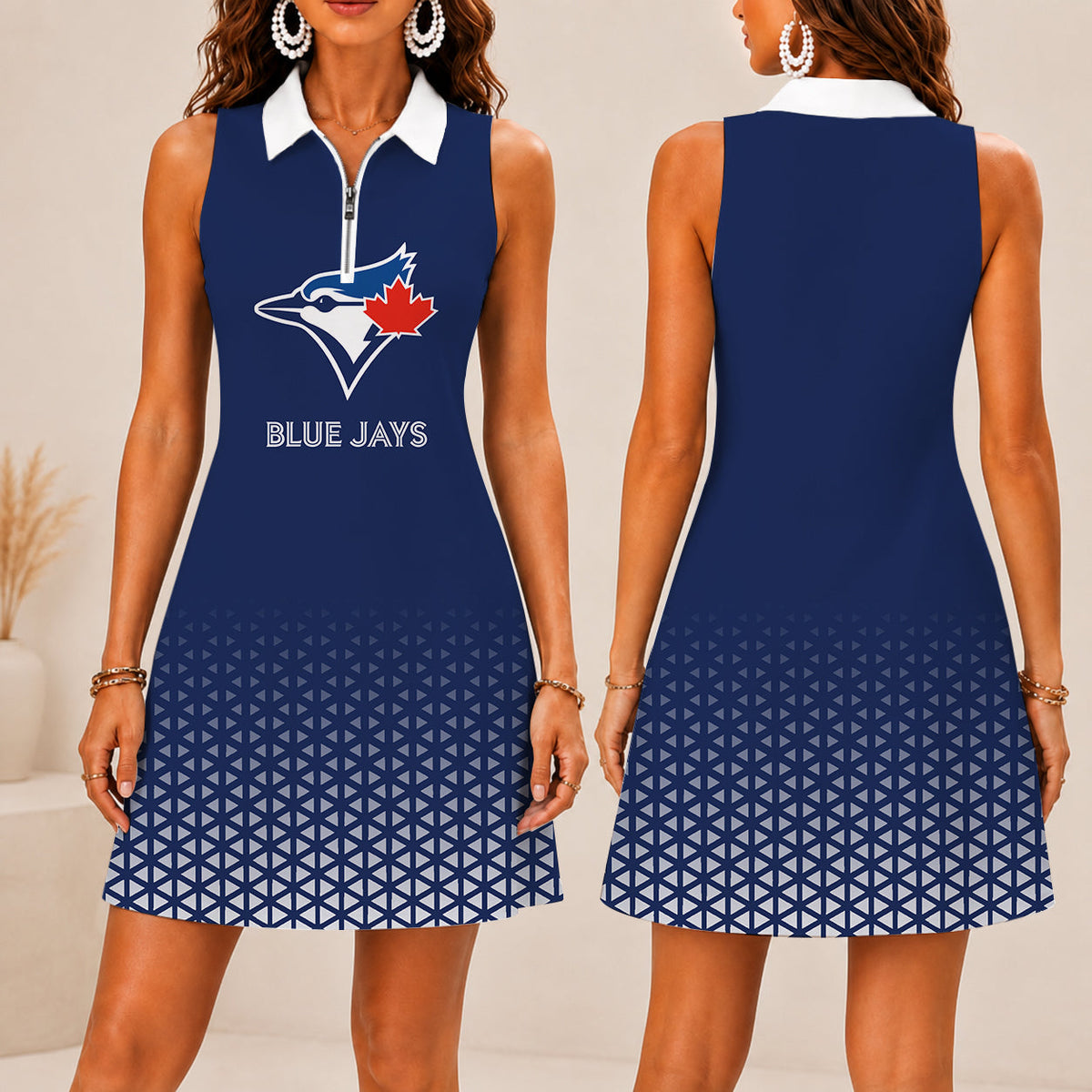 FINAL SALE - NEW CUSTOMIZED MLB12 TBJ TORONTO BLUE JAYS WOMEN'S ZIP SLEEVELESS POLO DRESS