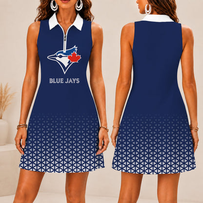FINAL SALE - NEW CUSTOMIZED MLB12 TBJ TORONTO BLUE JAYS WOMEN'S ZIP SLEEVELESS POLO DRESS