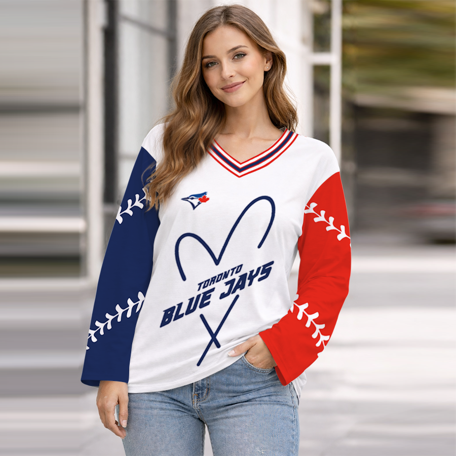 LIMITED EDITION - NEW CUSTOMIZED MLB12 TBJ TORONTO BLUE JAYS WOMEN'S HEART V-NECK LONG SLEEVE SHIRT