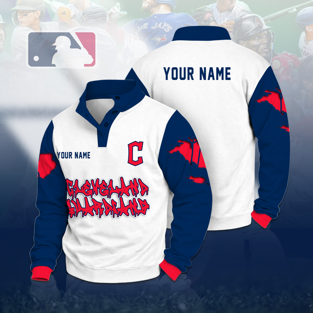 LIMITED EDITION - NEW CUSTOMIZED MLB13 CGS CLEVELAND GUARDIANS BUTTON QUARTER PLACKET SWEATSHIRT