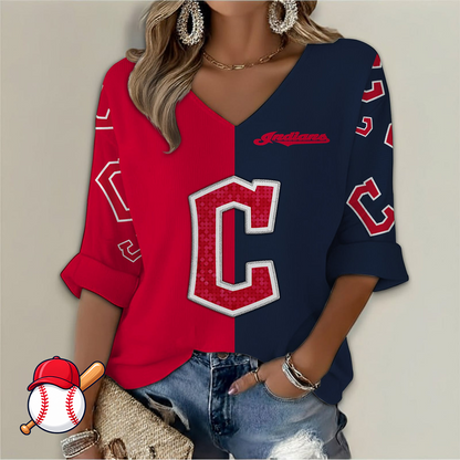 FINAL SALE - NEW CUSTOMIZED MLB13 CGS CLEVELAND GUARDIANS WOMEN'S  V-NECK LONG SLEEVE SHIRT
