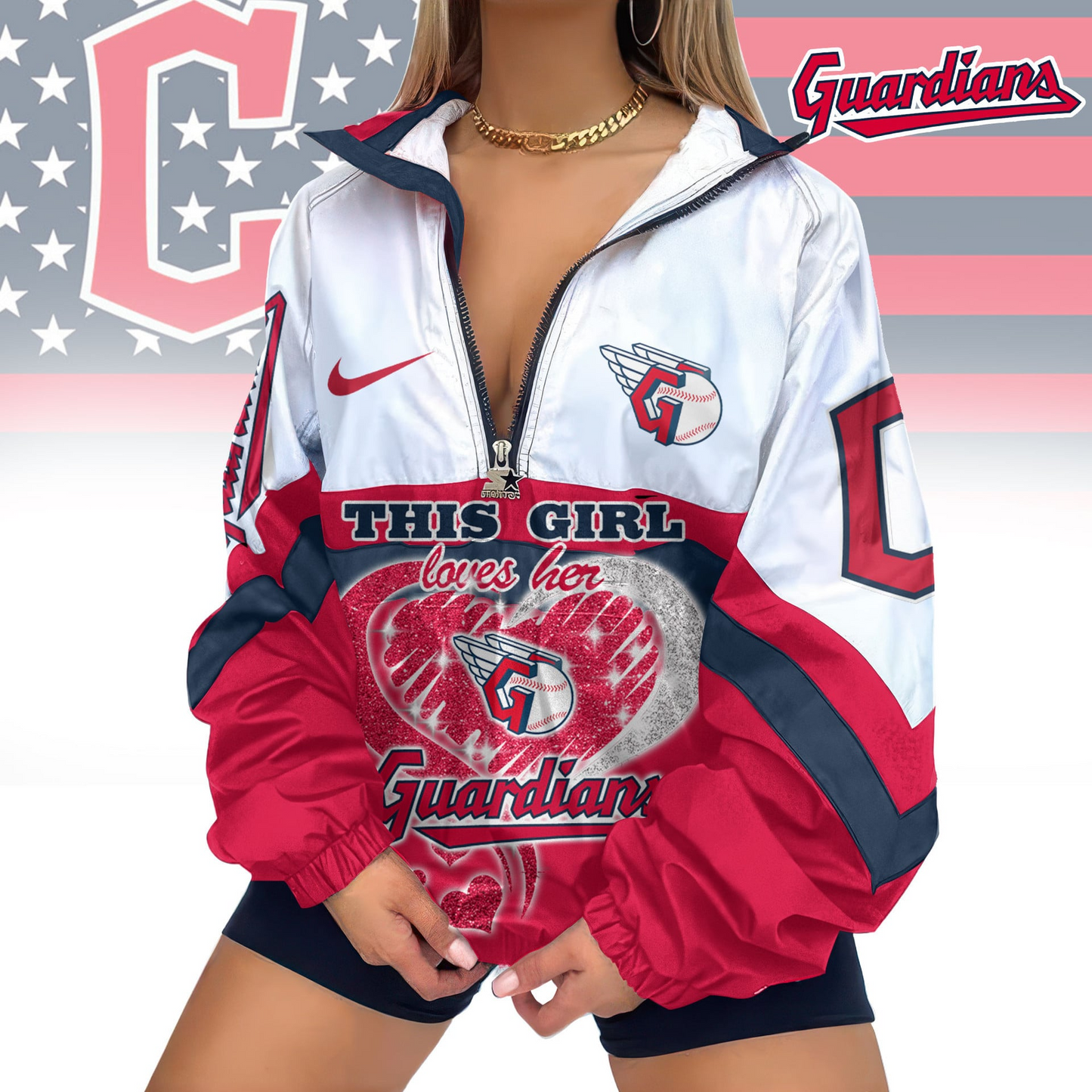 LIMITED EDITION - NEW CUSTOMIZED MLB13 CGS CLEVELAND GUARDIANS V-NECK ZIPPER JACKET