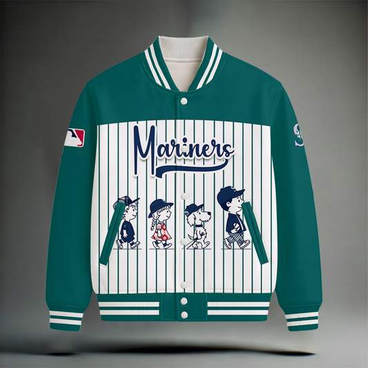 HOT DEAL - NEW CUSTOMIZED MLB14 SMS SEATTLE MARINERS SNOOPY STYLE SATIN VARSITY & BASEBALL JACKET