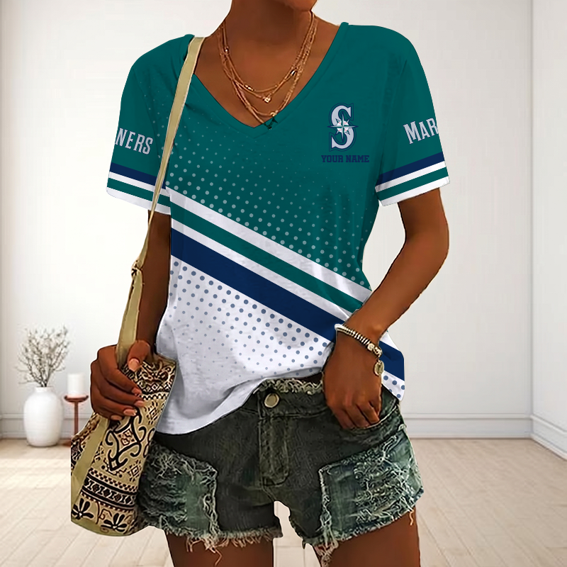 LIMITED EDITION - NEW CUSTOMIZED MLB14 SMS SEATTLE MARINERS V-NECK FEMALE SHIRT