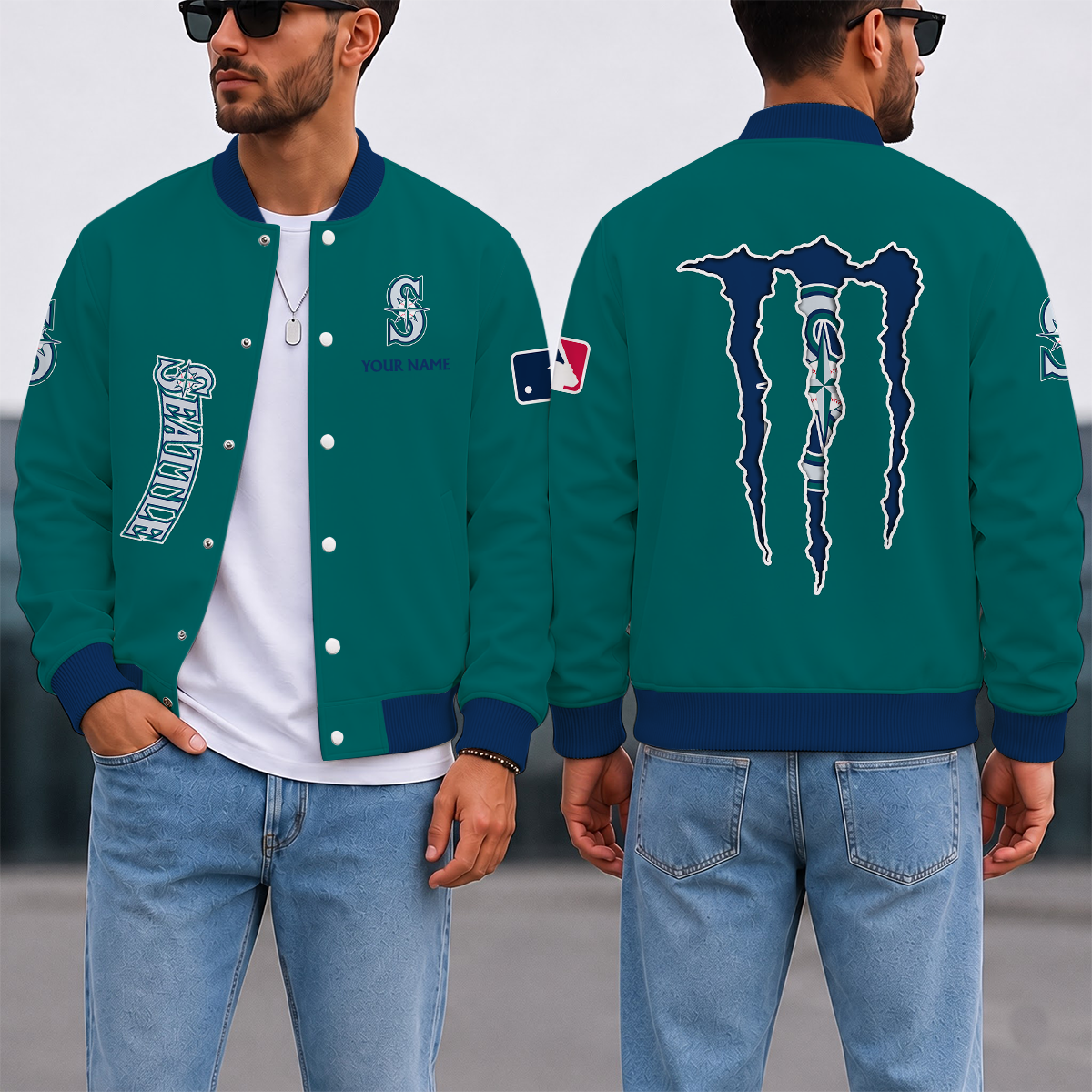 LIMITED EDITION - NEW CUSTOMIZED MLB14 SMS SEATTLE MARINERS SATIN VARSITY & BASEBALL JACKET