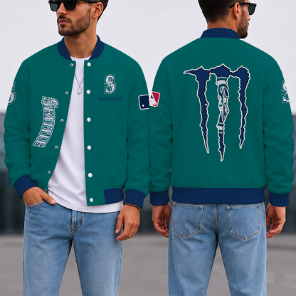 LIMITED EDITION - NEW CUSTOMIZED MLB14 SMS SEATTLE MARINERS SATIN VARSITY & BASEBALL JACKET