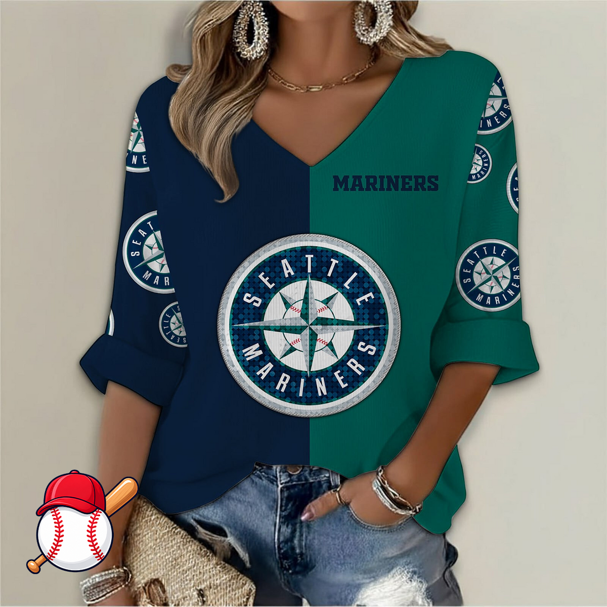 FINAL SALE - NEW CUSTOMIZED MLB14 SMS SEATTLE MARINERS WOMEN'S  V-NECK LONG SLEEVE SHIRT