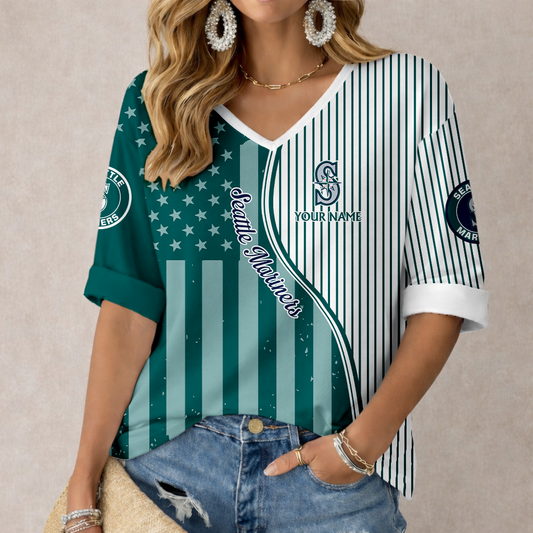 LIMITED EDITION - NEW CUSTOMIZED MLB14 SMS SEATTLE MARINERS WOMEN'S HEART V-NECK LONG SLEEVE SHIRT