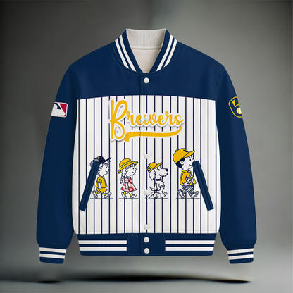 HOT DEAL - NEW CUSTOMIZED MLB15 MBS MILWAUKEE BREWERS SNOOPY STYLE SATIN VARSITY & BASEBALL JACKET
