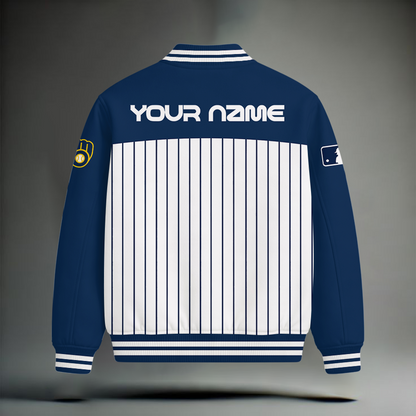 HOT DEAL - NEW CUSTOMIZED MLB15 MBS MILWAUKEE BREWERS SNOOPY STYLE SATIN VARSITY & BASEBALL JACKET