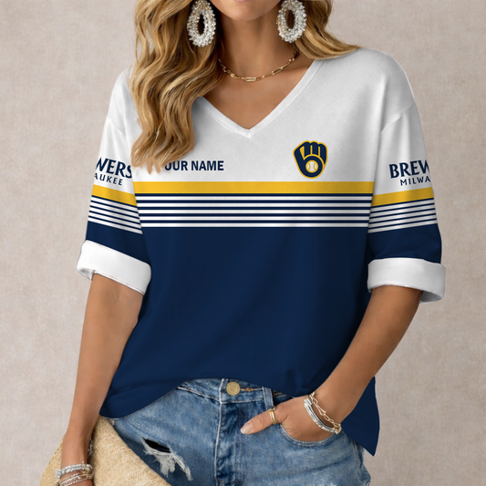 LIMITED EDITION - NEW CUSTOMIZED MLB15 MBS MILWAUKEE BREWERS WOMEN'S HEART V-NECK LONG SLEEVE SHIRT