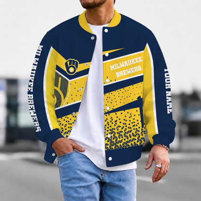 FINAL SALE - NEW CUSTOMIZED MLB15 MBS MILWAUKEE BREWERS SATIN VARSITY & BASEBALL JACKET