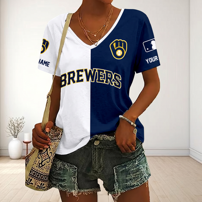 VIRAL EDITION - NEW CUSTOMIZED MLB15 MBS MILWAUKEE BREWERS V-NECK FEMALE SHIRT