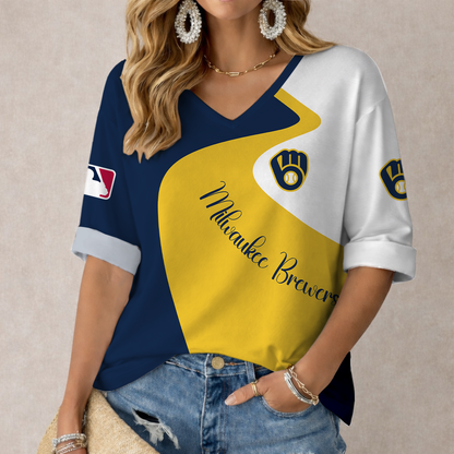 FINAL SALE - NEW CUSTOMIZED MLB15 MBS MILWAUKEE BREWERS WOMEN'S  V-NECK LONG SLEEVE SHIRT