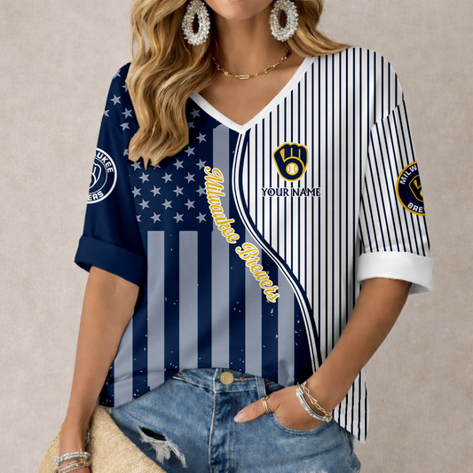 LIMITED EDITION - NEW CUSTOMIZED MLB15 MBS MILWAUKEE BREWERS WOMEN'S HEART V-NECK LONG SLEEVE SHIRT