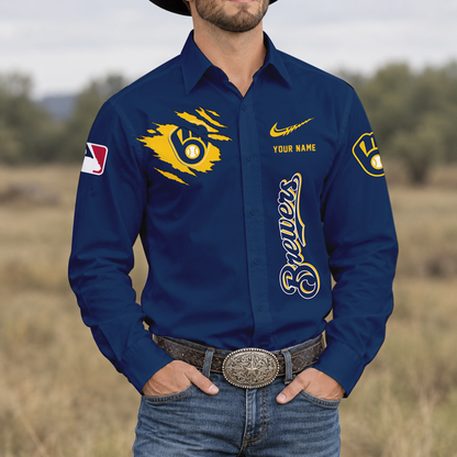 SPECIAL EDITION - NEW CUSTOMIZED MLB15 MBS MILWAUKEE BREWERS MEN'S LONG SLEEVE BUTTON-UP SHIRT