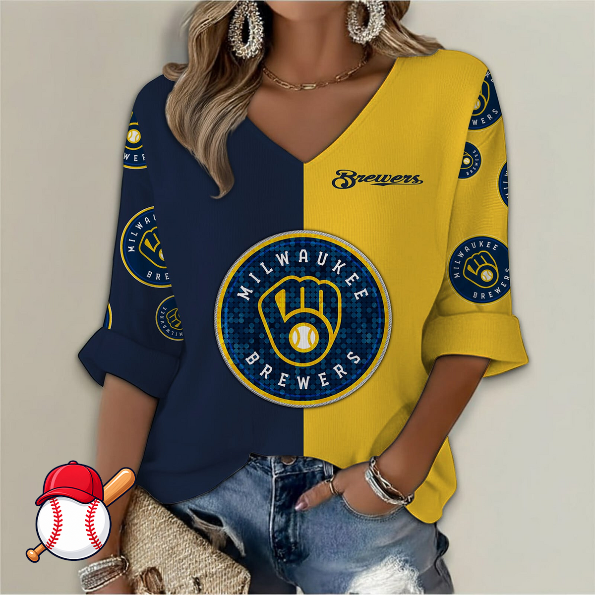 FINAL SALE - NEW CUSTOMIZED MLB15 MBS MILWAUKEE BREWERS WOMEN'S  V-NECK LONG SLEEVE SHIRT