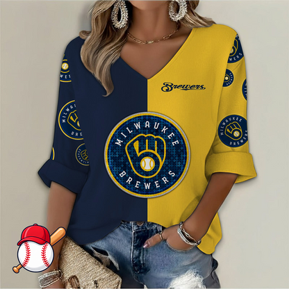 FINAL SALE - NEW CUSTOMIZED MLB15 MBS MILWAUKEE BREWERS WOMEN'S  V-NECK LONG SLEEVE SHIRT