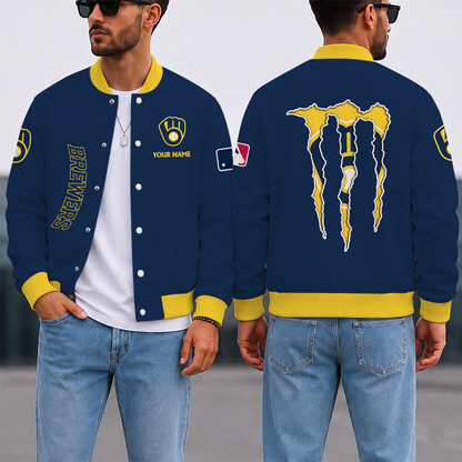 LIMITED EDITION - NEW CUSTOMIZED MLB15 MBS MILWAUKEE BREWERS SATIN VARSITY & BASEBALL JACKET