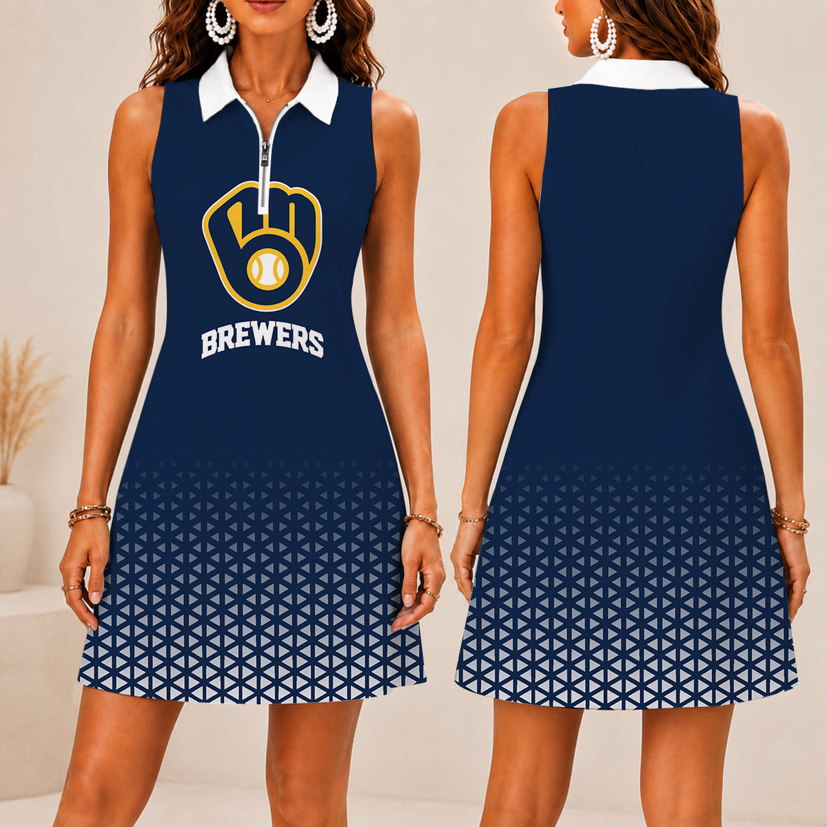 FINAL SALE - NEW CUSTOMIZED MLB15 MBS MILWAUKEE BREWERS WOMEN'S ZIP SLEEVELESS POLO DRESS