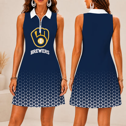 FINAL SALE - NEW CUSTOMIZED MLB15 MBS MILWAUKEE BREWERS WOMEN'S ZIP SLEEVELESS POLO DRESS