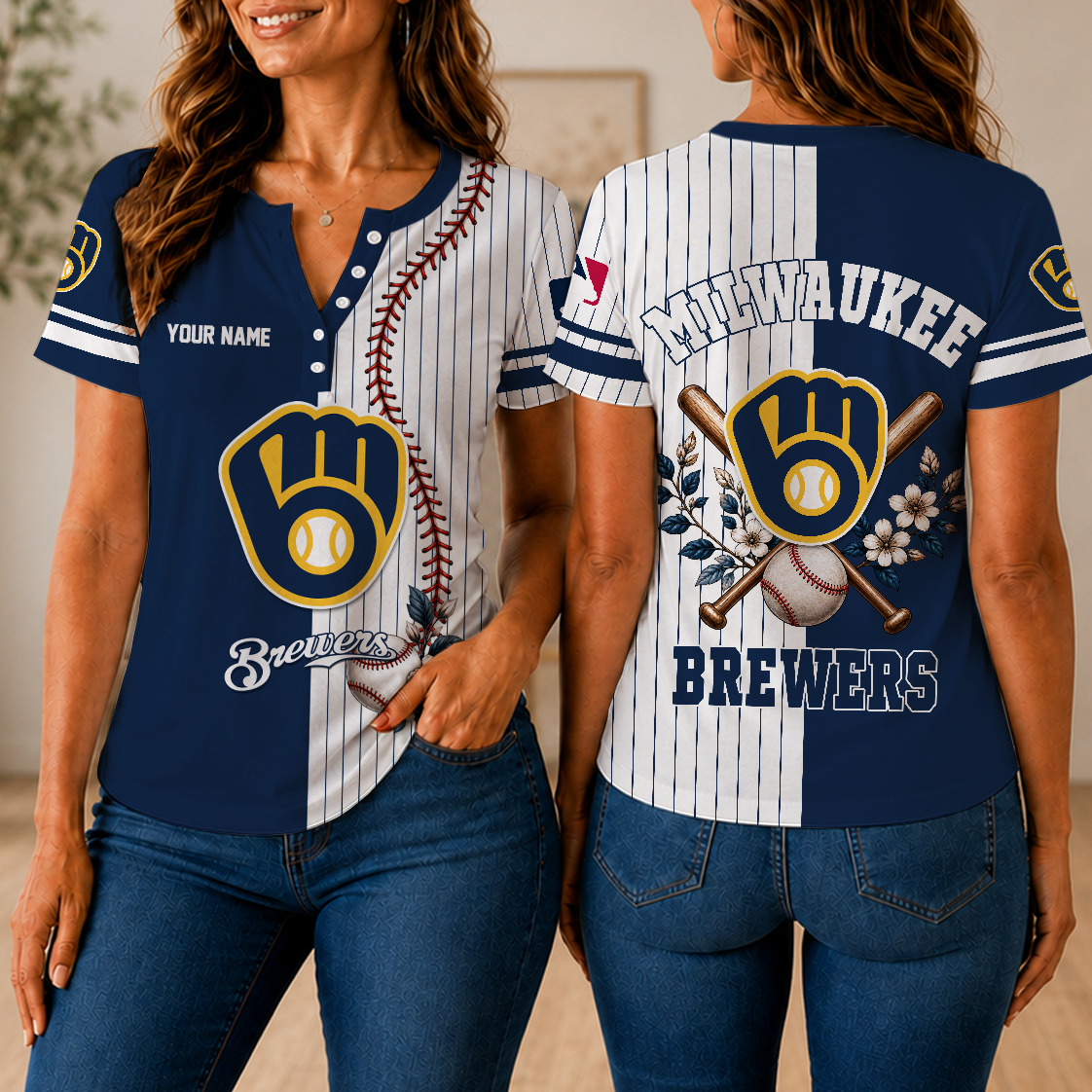 LIMITED EDITION - NEW CUSTOMIZED MLB15 MBS MILWAUKEE BREWERS WOMEN'S SHORT SLEEVE HENLEY T-SHIRT