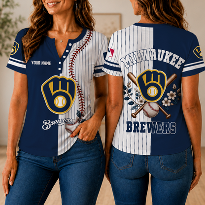 LIMITED EDITION - NEW CUSTOMIZED MLB15 MBS MILWAUKEE BREWERS WOMEN'S SHORT SLEEVE HENLEY T-SHIRT