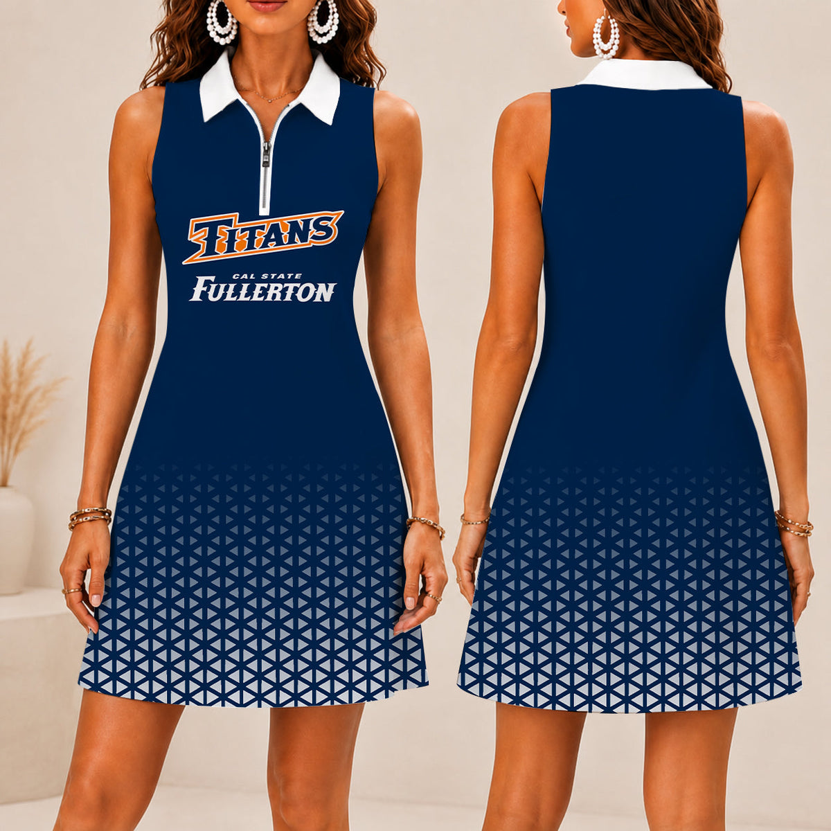 LIMITED EDITION - NEW CUSTOMIZED NCAA CWS16 CFT CAL STATE FULLERTON TITANS WOMEN'S ZIP SLEEVELESS POLO DRESS