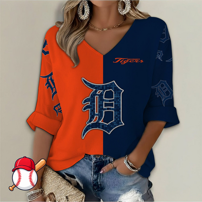 FINAL SALE - NEW CUSTOMIZED MLB16 DTS DETROIT TIGERS WOMEN'S  V-NECK LONG SLEEVE SHIRT