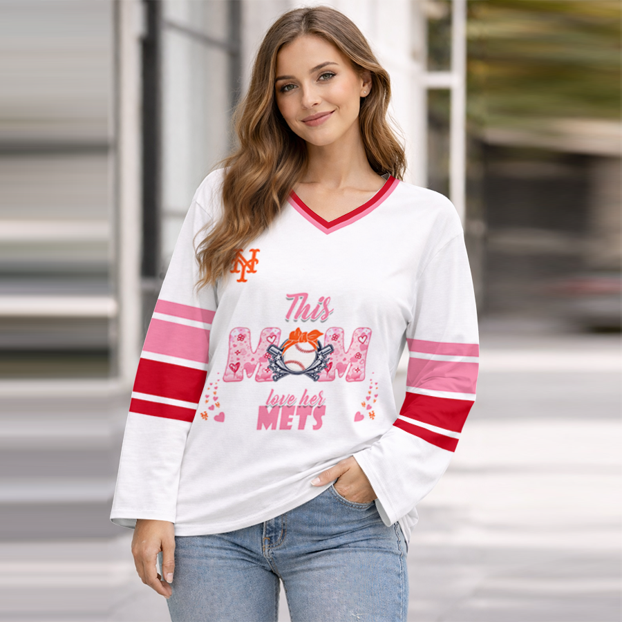 FINAL SALE - NEW CUSTOMIZED MLB17 NYM NEW YORK METS WOMEN'S HEART V-NECK LONG SLEEVE SHIRT