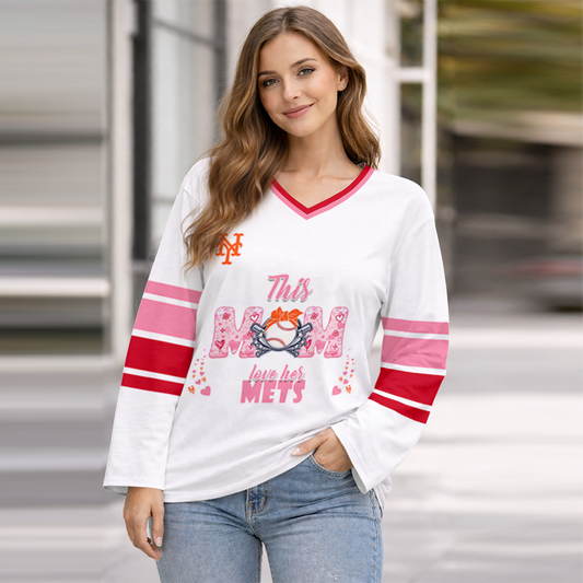 FINAL SALE - NEW CUSTOMIZED MLB17 NYM NEW YORK METS WOMEN'S HEART V-NECK LONG SLEEVE SHIRT