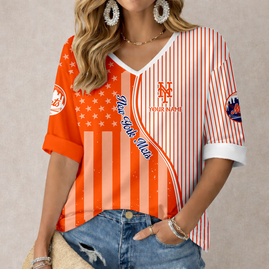 LIMITED EDITION - NEW CUSTOMIZED MLB17 NYM NEW YORK METS WOMEN'S HEART V-NECK LONG SLEEVE SHIRT