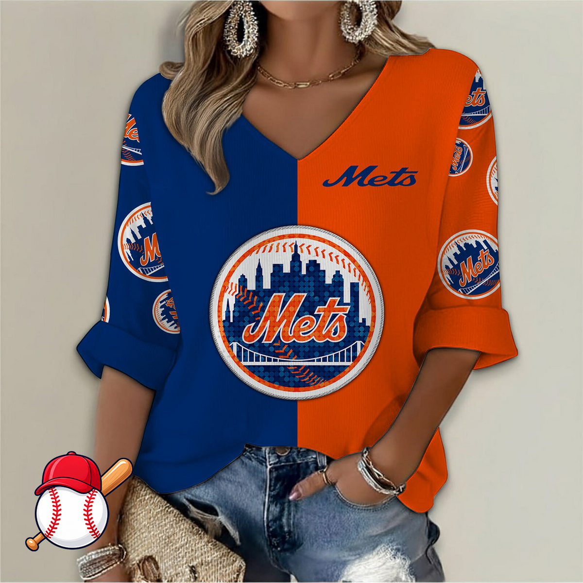 FINAL SALE - NEW CUSTOMIZED MLB17 NYM NEW YORK METS WOMEN'S  V-NECK LONG SLEEVE SHIRT