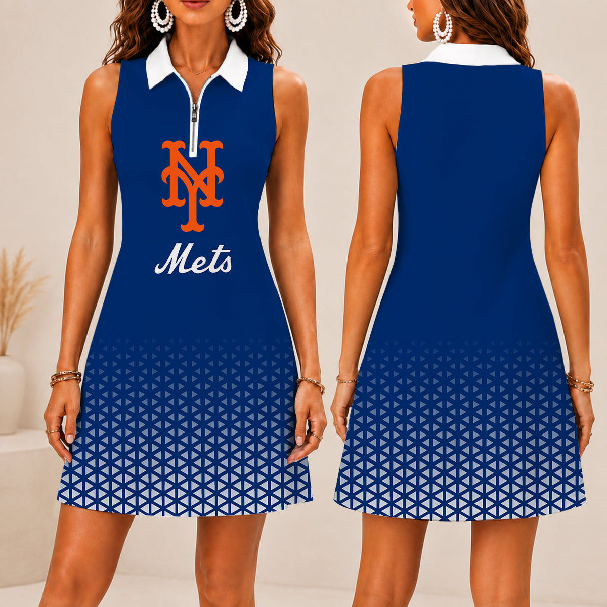 FINAL SALE - NEW CUSTOMIZED MLB17 NYM NEW YORK METS WOMEN'S ZIP SLEEVELESS POLO DRESS