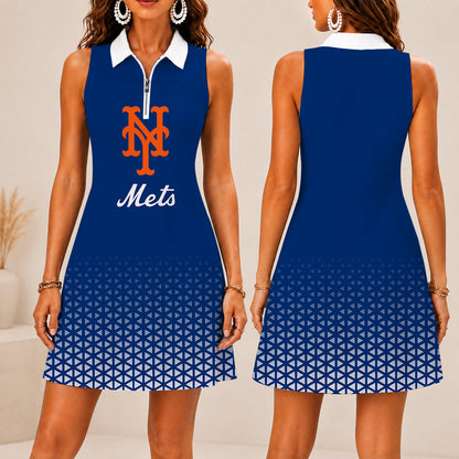 FINAL SALE - NEW CUSTOMIZED MLB17 NYM NEW YORK METS WOMEN'S ZIP SLEEVELESS POLO DRESS