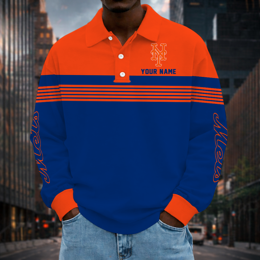 VIRAL EDITION - NEW CUSTOMIZED MLB17 NYM NEW YORK METS MEN'S LONG SLEEVE POLO