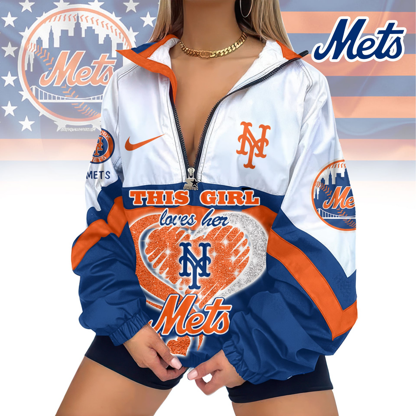 LIMITED EDITION - NEW CUSTOMIZED MLB17 NYM NEW YORK METS V-NECK ZIPPER JACKET