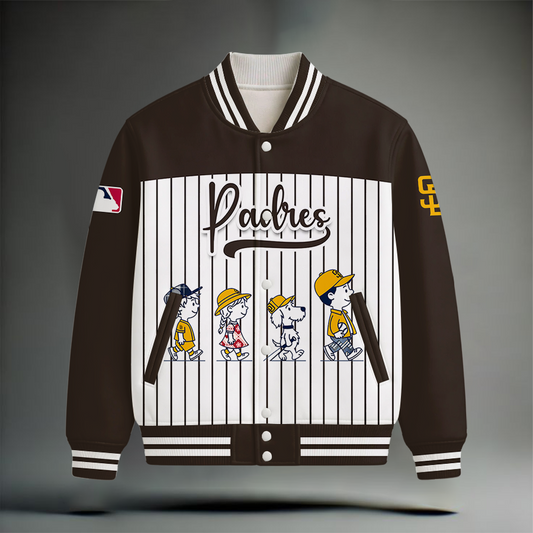 HOT DEAL - NEW CUSTOMIZED MLB18 SDP SAN DIEGO PADRES SNOOPY STYLE SATIN VARSITY & BASEBALL JACKET