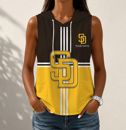 LIMITED EDITION - NEW CUSTOMIZED MLB18 SDP SAN DIEGO PADRES WOMEN'S SLEEVELESS HOODED POCKET TANK TOP