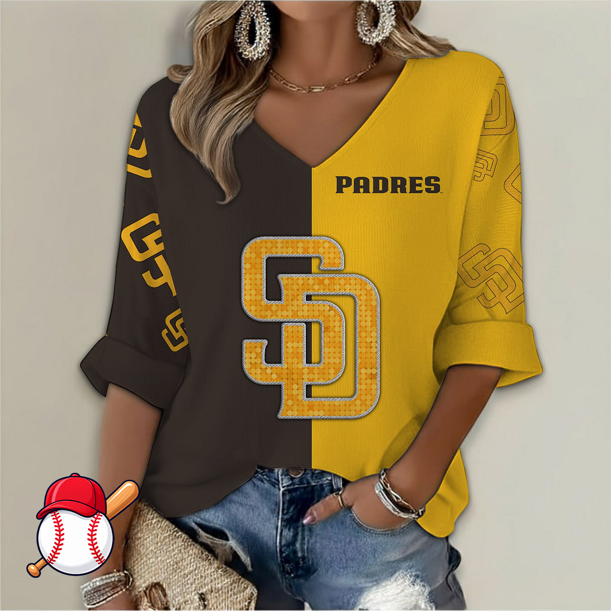 FINAL SALE - NEW CUSTOMIZED MLB18 SDP SAN DIEGO PADRES WOMEN'S  V-NECK LONG SLEEVE SHIRT