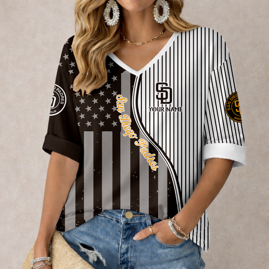 LIMITED EDITION - NEW CUSTOMIZED MLB18 SDP SAN DIEGO PADRES WOMEN'S HEART V-NECK LONG SLEEVE SHIRT
